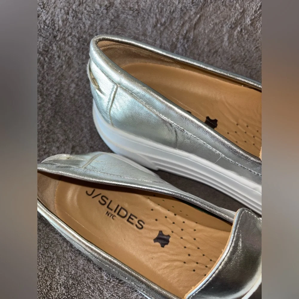 J/Slides Silver Metallic Platform Penny Loafers